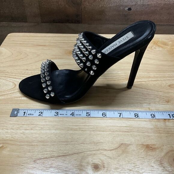 Steve Madden Radar Heels Sandals Black Silver Toned Studded Bands 4.5” Heels 8.5 - Picture 9 of 16